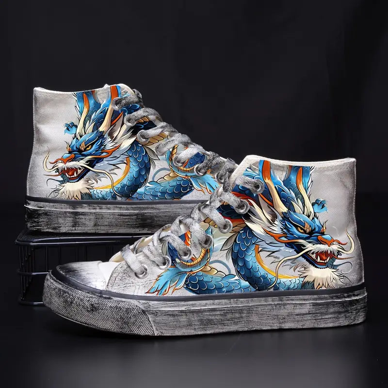 Dragon Print High-Top Canvas Sneakers