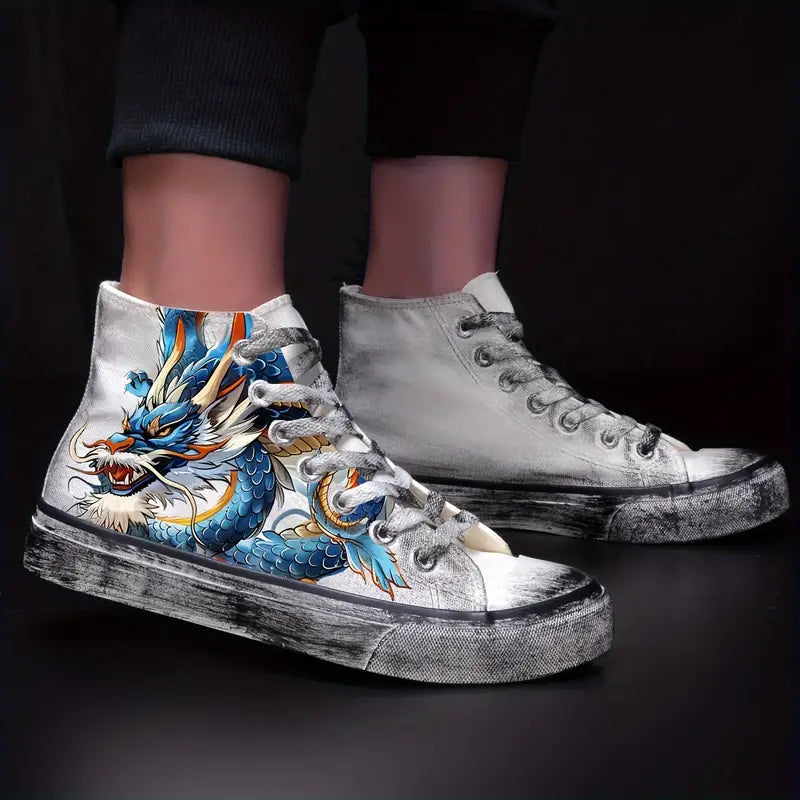 Dragon Print High-Top Canvas Sneakers