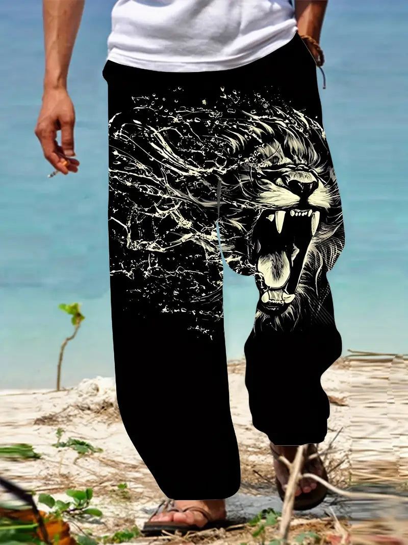 3D Roaring Lion Print Casual Pants