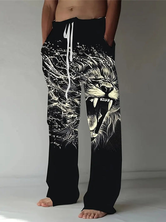 3D Roaring Lion Print Casual Pants