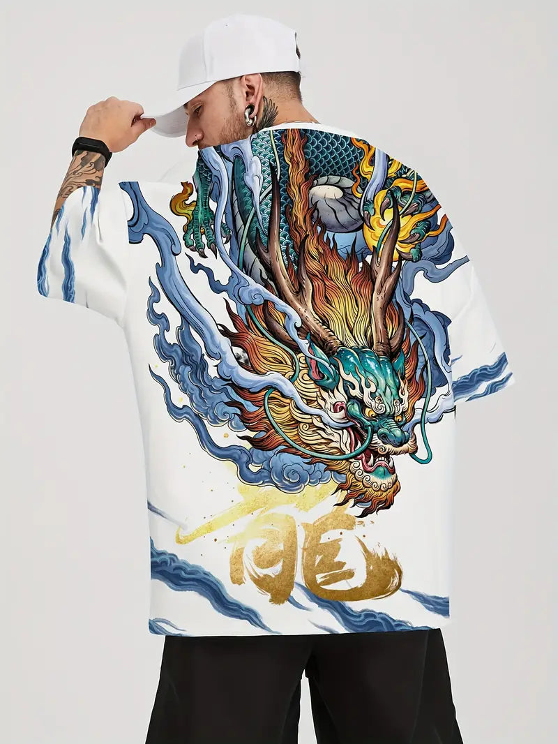 Dragon Print Oversize Crew Neck Tee