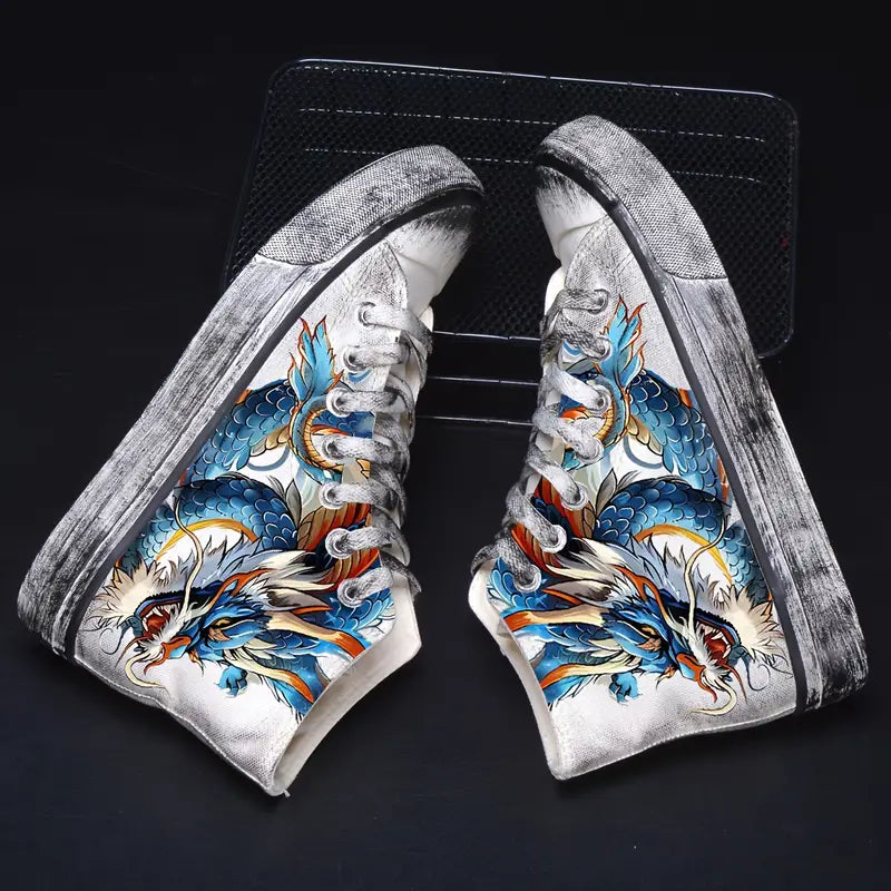 Dragon Print High-Top Canvas Sneakers